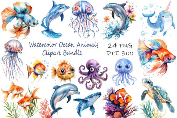 Download Watercolor Ocean Animals Clipart Bundle - Bundle Collection