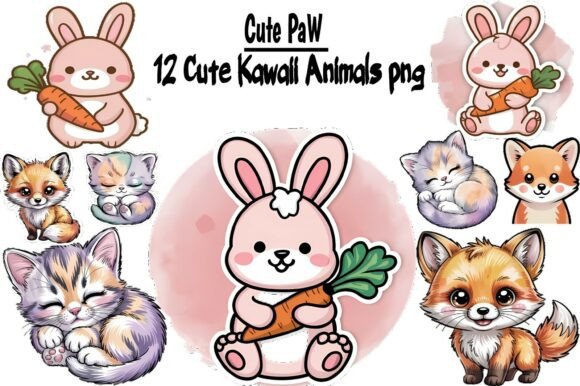 Download 12 Cute Kawaii Animals PNG Bundle, Bunny - Bundle Collection